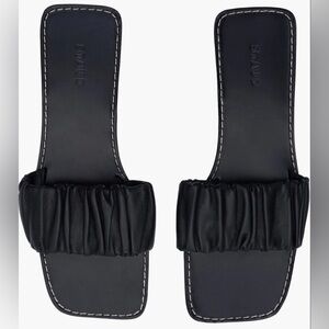 Staud Black Ruched Leather Slide Sandals Square Toe Flat Size 39